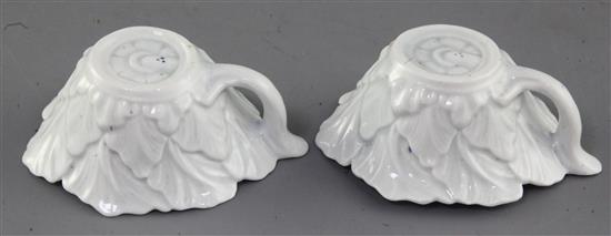 A pair of Worcester geranium leaf butter boats, decorated with the Butter Boat Mansfield pattern, c.1758-1760, 8.9cm long